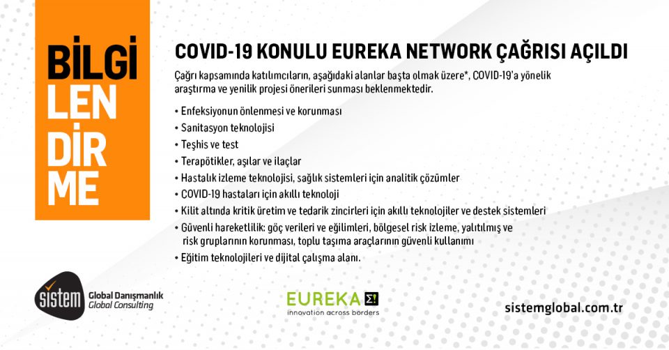Sistem Global Danışmanlık Covid-19 Konulu Eureka Network Çağrisi Açildi