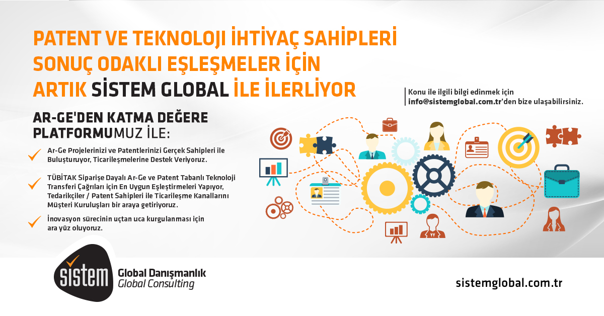 Sistem Global Danışmanlık TEKNOLOJİ ODAKLI VEYA PATENTE DAYALI KATMA DEĞERLİ ÜRETİM YAPMAK İSTEYEN YATIRIMCILAR İLE TEDARİKÇİLERİNİ EŞLEŞTİRİYORUZ!
