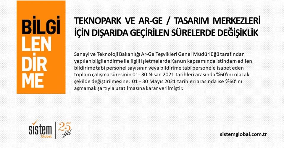 Sistem Global Danışmanlık TEKNOPARK VE AR-GE / TASARIM MERKEZLERİ İÇİN DIŞARIDA GEÇİRİLEN SÜRELERDE DEĞİŞİKLİK